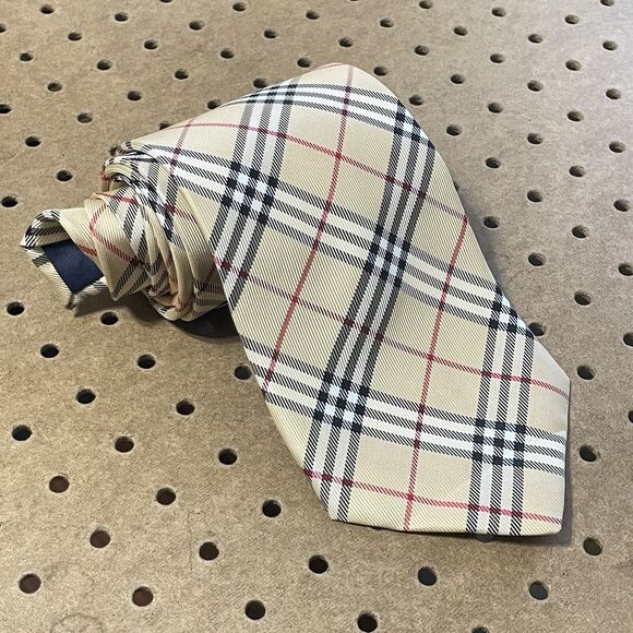 VTG Burberry London Nova Check Wide Width Hand Made Silk Neck Tie Beige Men - Picture 3 of 7